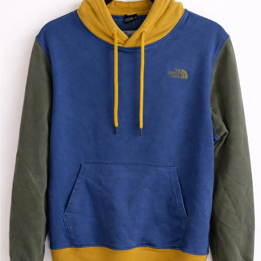 The North Face Blue Body Olive Sleeves Mustard Hood Pullover Hoodie